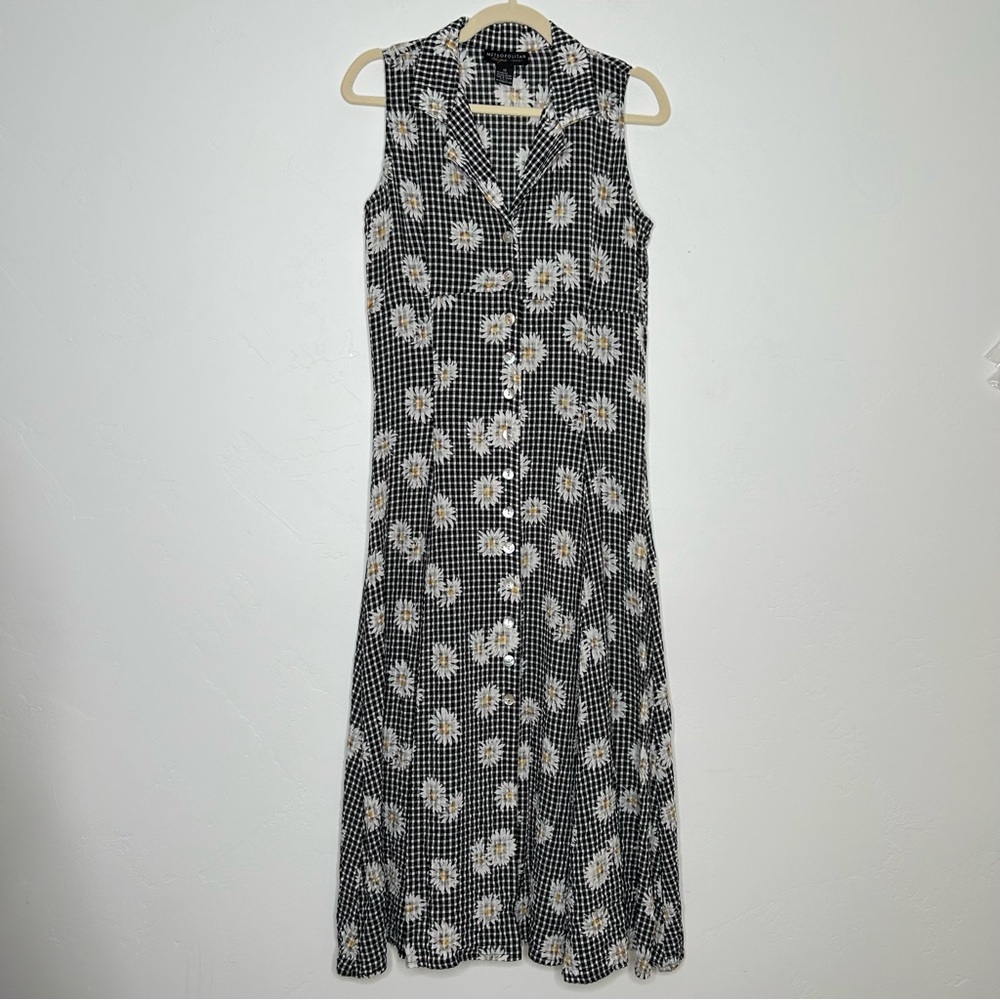 Vintage Black Gingham Midi Dress with White & Yellow Daisy Motif